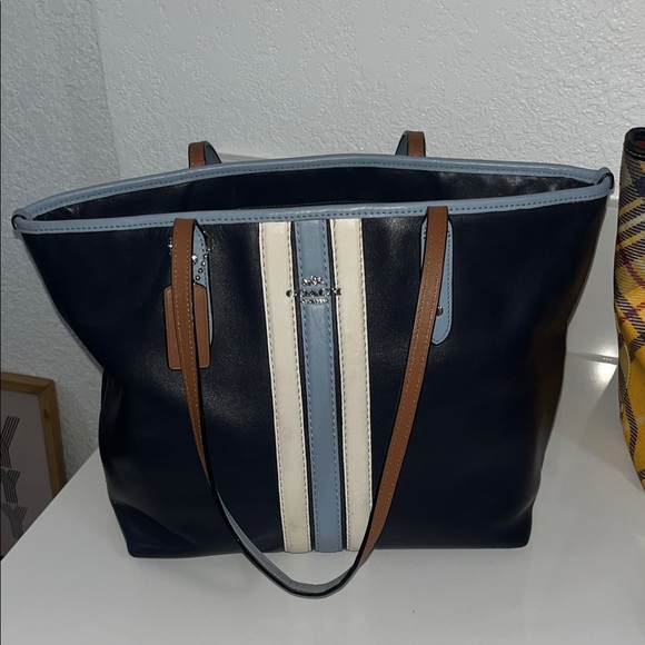 Coach Varsity Blue and White Striped Tote - Picture 1 of 4
